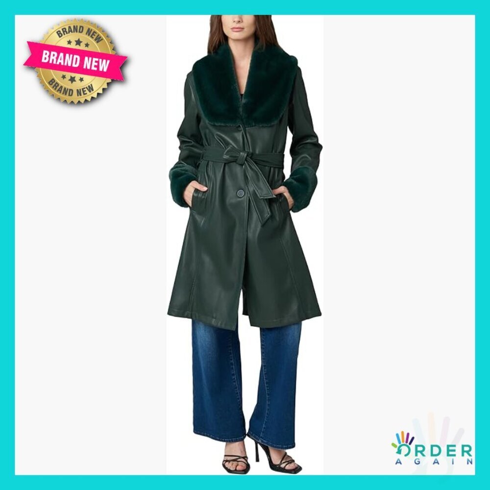 Vegan Leather Trench Coat Faux Fur Shawl Collar Elegant Chic Fitted Long Sleeve